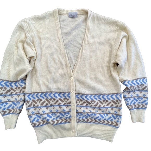Vintage dad sweater v-neck button front cardigan sz L cream blue taupe - Picture 1 of 14